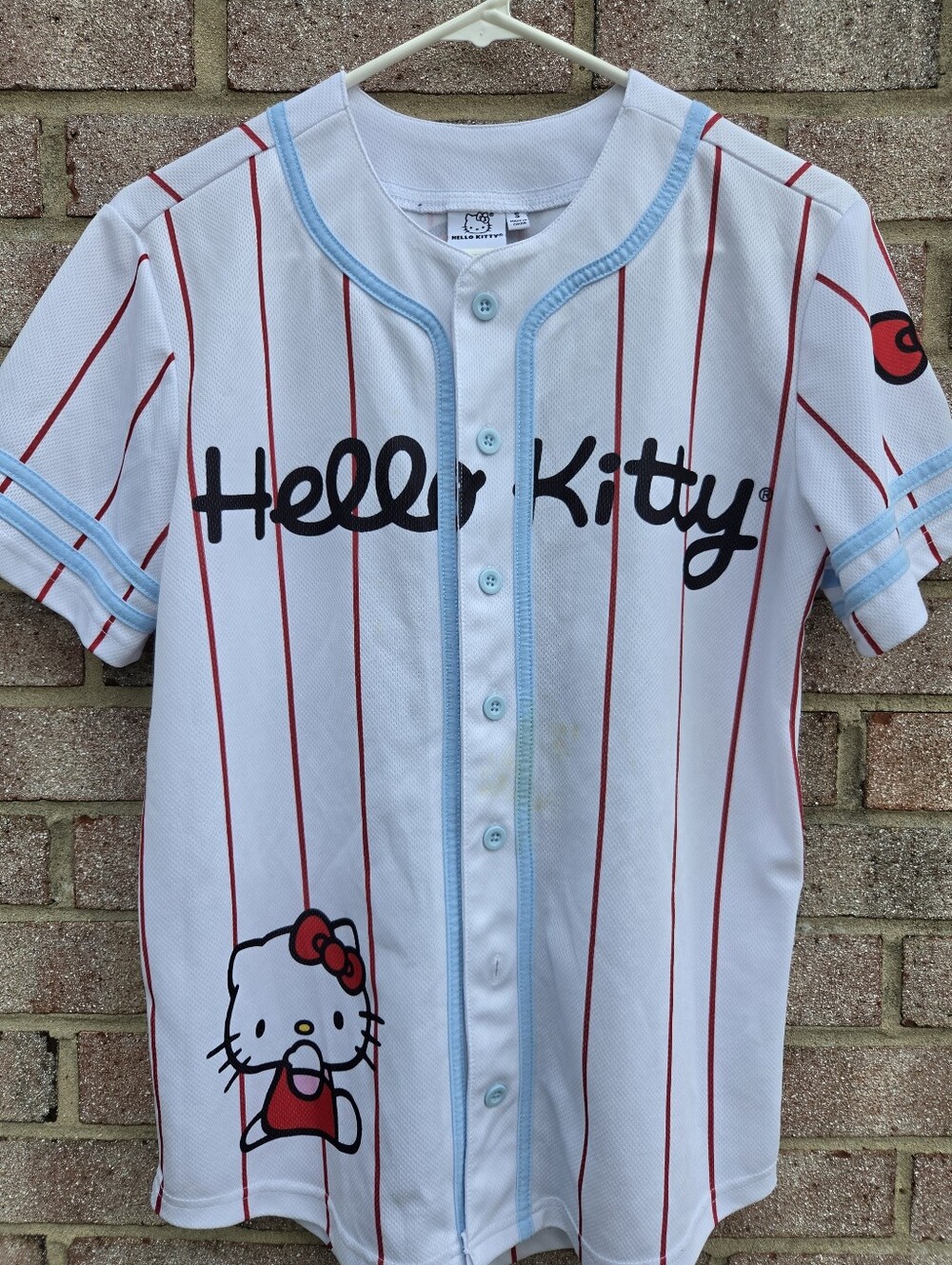 Hello Kitty Sanrio Striped Baseball Jersey Button Up Shirt White/Blue Size S